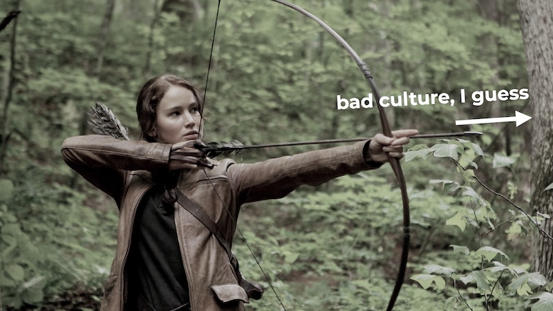 a photo of Jennifer Lawrence as Katniss Everdeen, with her bow pulled back and the arrow pointing at something offscreen to the left. Above the arrow there's a white graphic arrow pointer in the same direction, with the label 'bad culture, I guess'